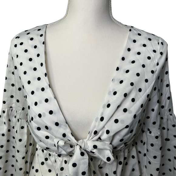 LISTICLE peplum bell long sleeve deep V front bow accent polka dots blouse top - Picture 5 of 6